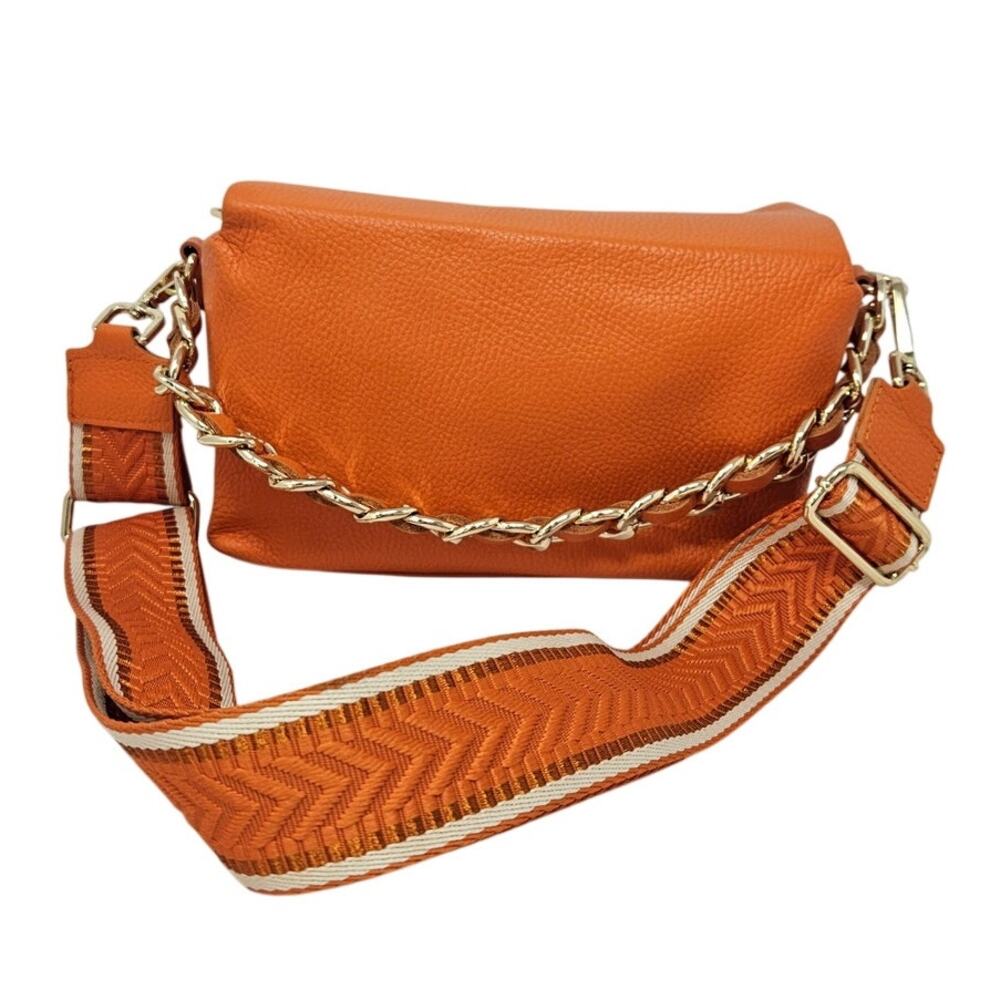 Vera Pelle Italian Leather Satchel Bag Chain Strap Orange Pebbled Statement